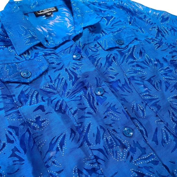 Linear Women's Blue Sheer Floral Long Sleeve Button Up Blouse Size XL - Picture 3 of 10